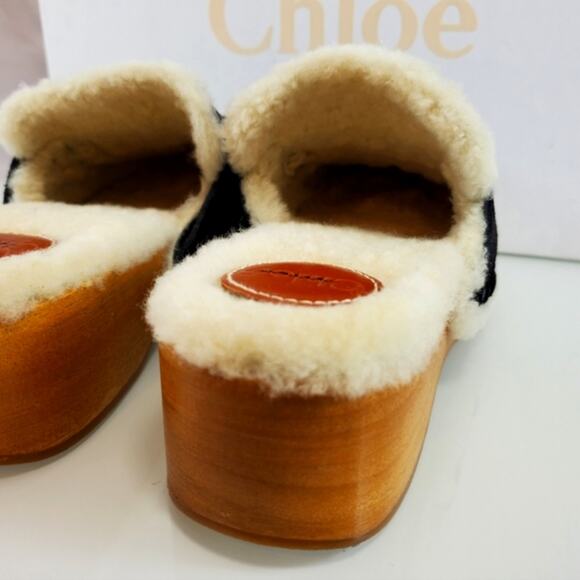 NWT$850 CHLOE Joy Black Suede Shearling Fur Slip-on Clogs Slides Shoes Sz 35 (5) - Picture 10 of 16
